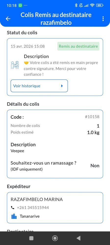 Détails du colis dans l'application Madazon Logistics