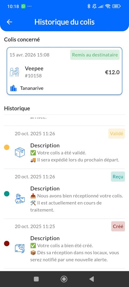 Statut du colis dans l'application Madazon Logistics